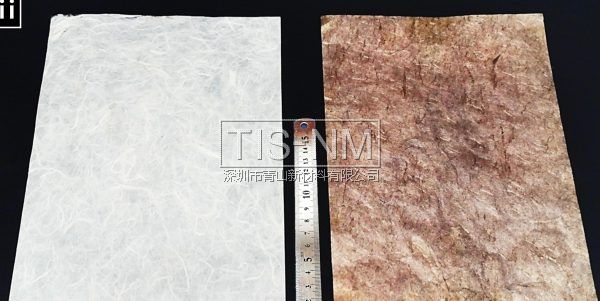 左邊為一般紙張，右邊為嵌入金屬納米粒子的導電紙