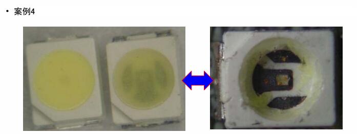 某客戶采用3528白光4#用于LED燈管，經(jīng)貼板回流焊接放置一段時間后出現(xiàn)支架黑化