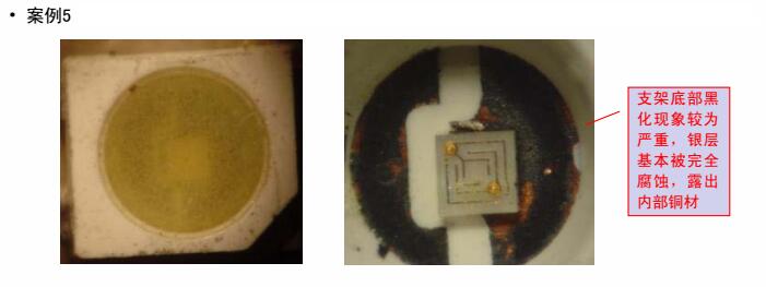 某客戶采用3528白光5#用于照明燈具，經(jīng)貼板回流焊接放置一段時間后出現(xiàn)支架黑化